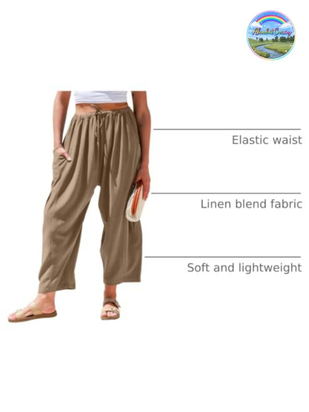 Linen Wide Leg Palazzo Pants with Pockets Drawstring Loose Fit Casual Summer - Picture 3 of 6